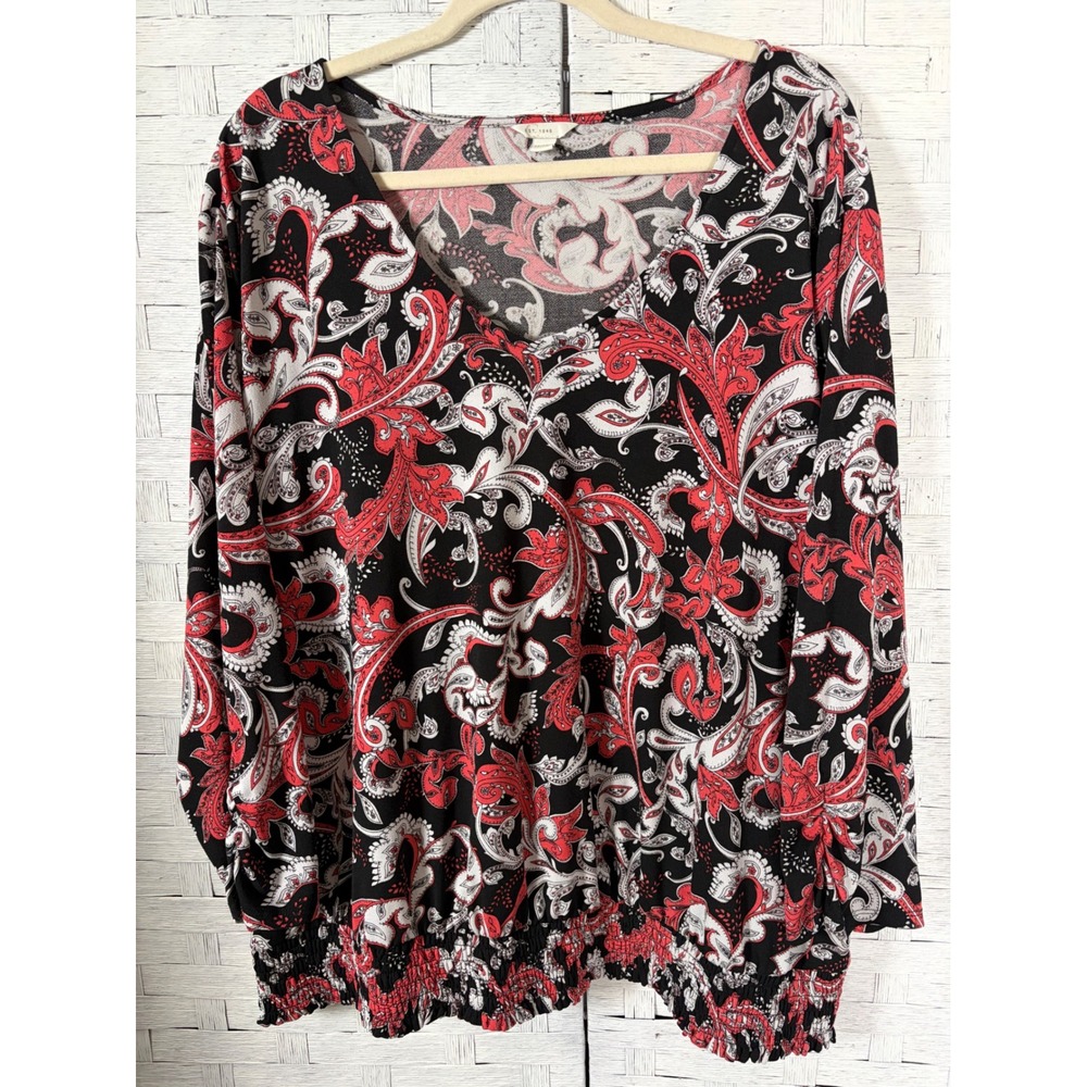 Cato Womens Blouse Paisley V-Neck Smocked Hem Bohemian abstract Plus Size